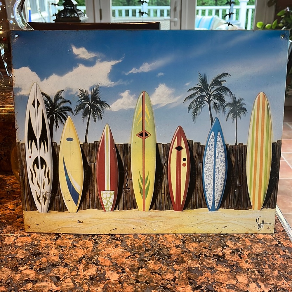 Collectible Tin Sign Scott Westmoreland 16" X 12-1/2" Surfboards Palm Trees